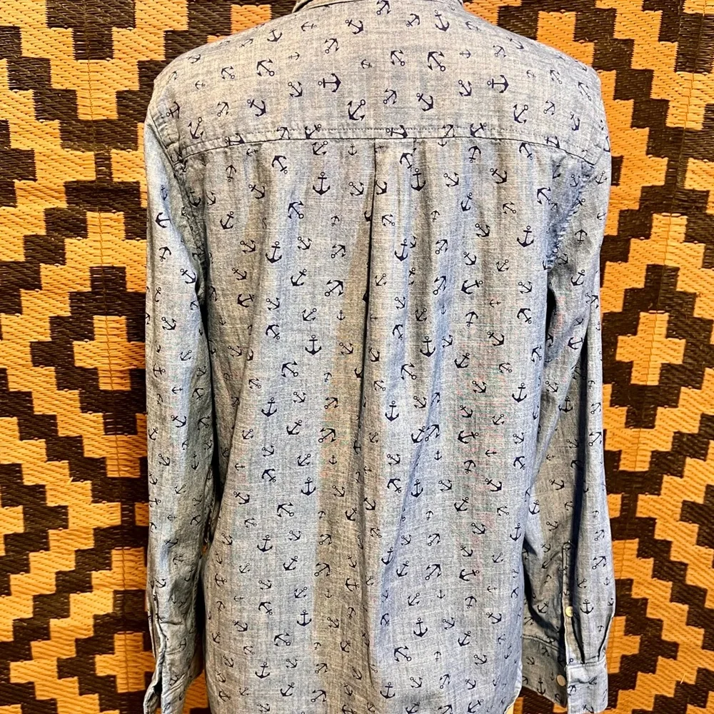 JCrew‎ nautical boat anchor half button shirt 100% chambray cotton coastal ocean